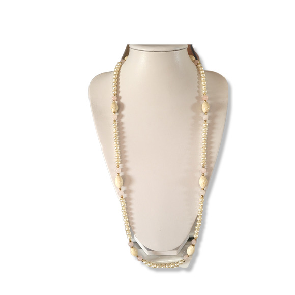 Vintage Stone, Rose Quartz, Faux Pearl, Gold Ball Continuous 36" Necklace - Picture 5 of 6